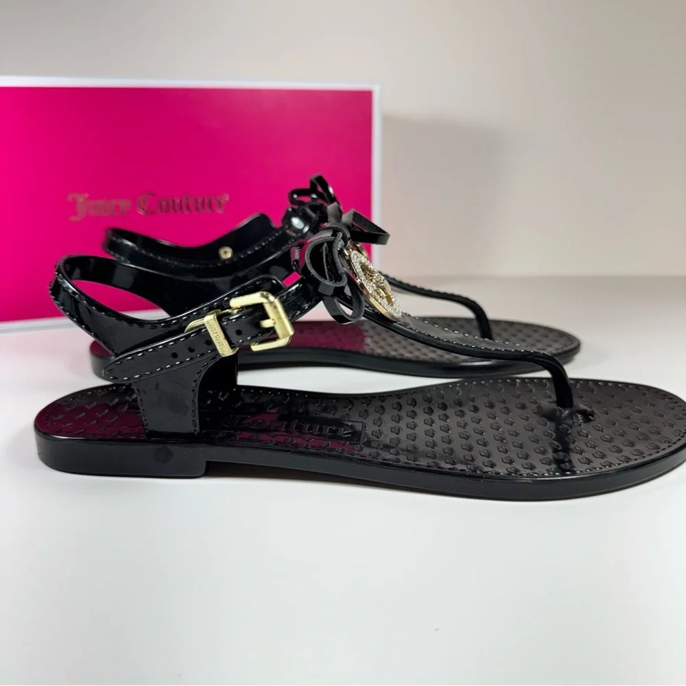 Juicy Couture Black Jelly Bow Thong Sandals Gold Crown Charm Y2k Retro Women's 7